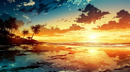 Wall Mural - A tropical sunset reflected on the calm ocean surface