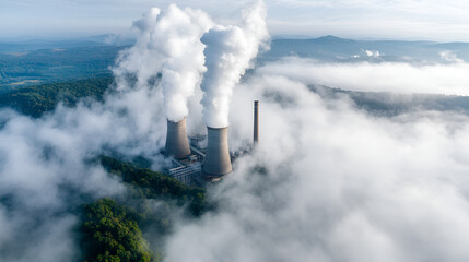 Wall Mural - Industrial Power Plant in Foggy Mountains, a Stunning Aerial View