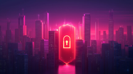 Poster - Glowing digital lock over futuristic city skyline