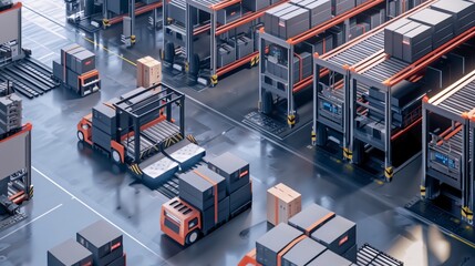 Wall Mural - Aerial view of a modern warehouse with trucks and stacked containers.