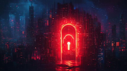 Poster - A glowing red digital lock icon stands against a futuristic cityscape