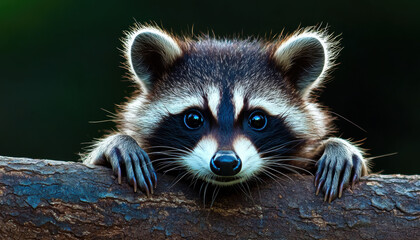 Close-up of a cute raccoon peeking over a log with a dark green background, showcasing the animal's detailed fur and expressive eyes.