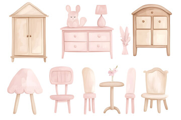 Wall Mural - Cute pink and pastel wooden doll furniture watercolor collection isolated on a white background