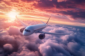 Poster - Aerial view of an airplane flying above clouds during a vibrant sunset.