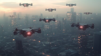 Poster - Aerial view of drones flying over a city skyline at dusk.