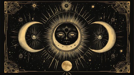 Mystical sun and moon with an ornate frame and celestial elements.