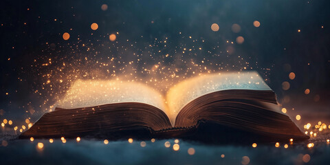 an open book emanates magical, glowing sparkles with an enchanting light. the scene captures a sense