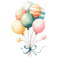 Watercolor illustration of a colorful bunch of balloons tied together with a ribbon, perfect for celebrations, parties, and decorations.