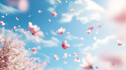 Wall Mural - Delicate pale pink cherry blossom petals floating on breeze across blue spring sky 