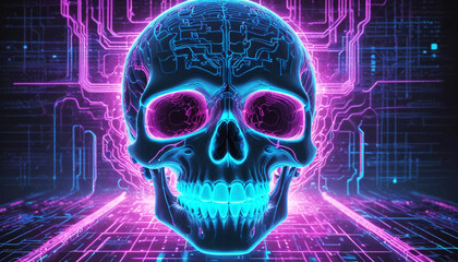 A cybernetic skull with neon circuits and holographic interfaces. The skull is suspended in a digital grid, with data streams and binary code flowing around it.