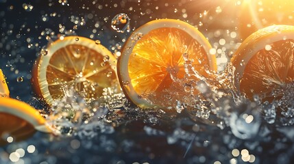 Sticker - Orange slices splashing in water with a sunny background.