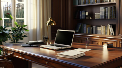 A Greek businessperson's desk with a laptop and neat, efficient setup