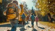 © kinara art design - Children walking towards a school bus in an autumn setting.
