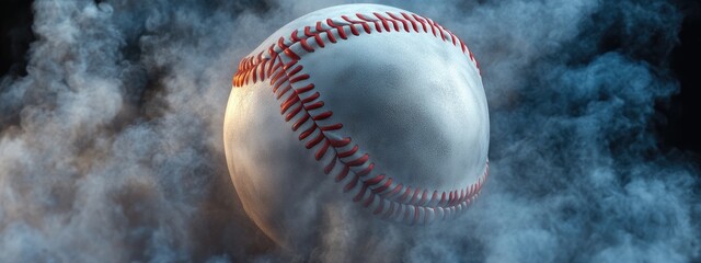 3D Cartoon Baseball Rising from Smoke Against a Dark Background