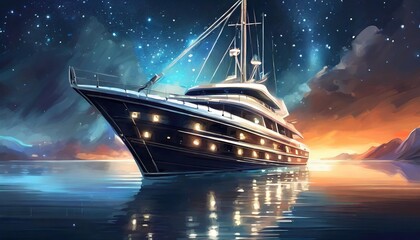 Wall Mural - A huge yacht in the middle of the ocean looking beautiful in night time 