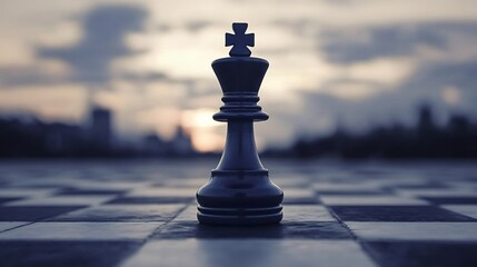 A focused golden king chess piece stands out amidst a defocused chess board background