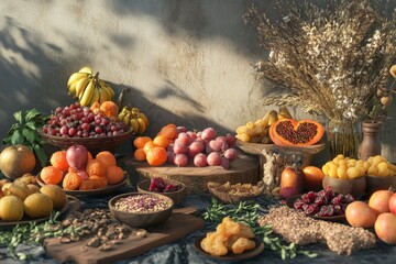 Assorted fresh and dried fruits displayed on rustic table, featuring oranges, grapes, and dried apricots in natural light setting.