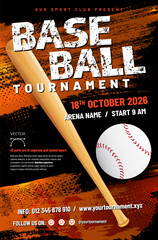 Wall Mural - baseball tournament poster template with bat, ball and grungy dirty background