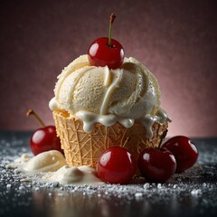 Creamy delight, delicious vanilla ice cream in waffle cone and cup with topping, cinematic food photography