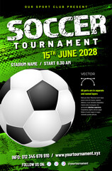 Wall Mural - soccer or football tournament poster template with ball and grungy scratchy halftone background
