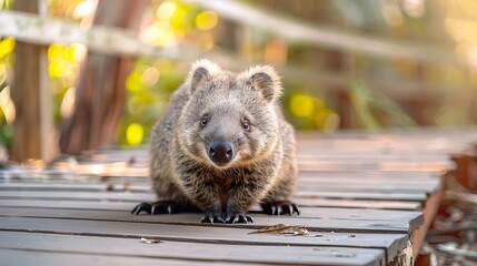 Wall Mural - A sweet fuzzy wombat on a wooden ground