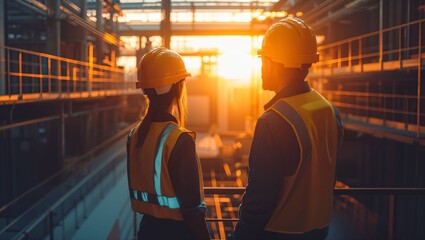 As the sun sets behind the construction site, two workers stand together, reflecting on their day while surrounded by steel and hope for a brighter tomorrow.