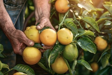 Grapefruit harvest on a branch in the garden, agribusiness business concept, organic healthy food and non-GMO fruits with copy space 
