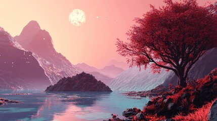 Wall Mural - A lone tree stands on a mountainside overlooking a still lake, bathed in pink light