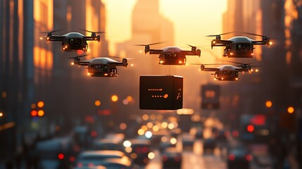 Poster - Drones delivering packages over a busy city street at sunset.