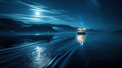 Sticker - Show a ferry in the midst of a calm, moonlit night