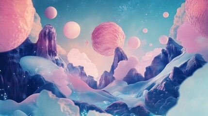 Sticker - Abstract Dreamy Landscape with Pink Spheres and Blue Mountains