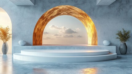 Golden archway with sunset clouds viewed through modern minimalist architecture