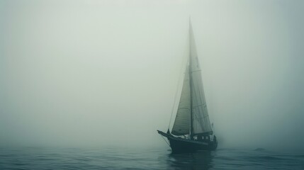 Sticker - Show a sailboat in a foggy morning, with its sails barely visible through the mist and the boat navigating cautiously through the limited visibility