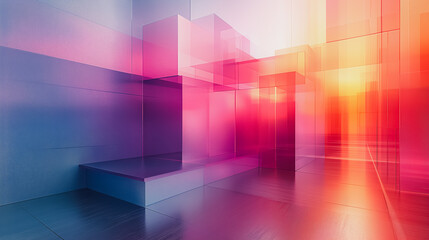 Poster - A room with pink and blue walls and a glass floor. The room is empty and has a modern feel to it