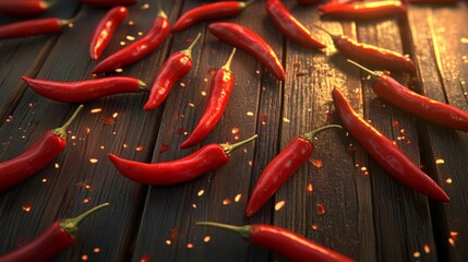 Fresh red chili peppers on a dark wooden surface, illuminated by warm sunlight, creating a spicy and rustic atmosphere.