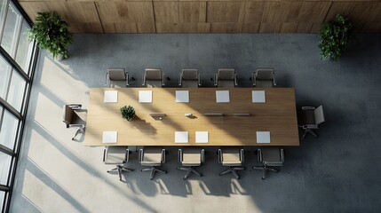 Poster - Aerial view of a conference room with a well-arranged table and empty chairs, ideal for overlaying your own text