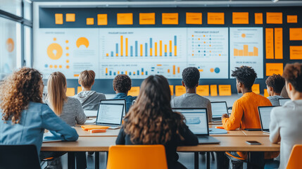 Poster - A group of people are sitting at a table in front of a large monitor with a lot of graphs and charts. The people are focused on the screen and seem to be working on a project