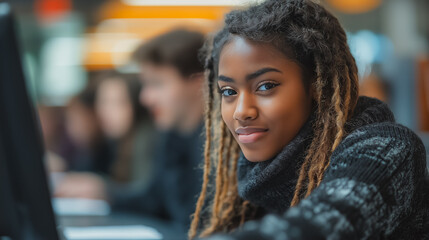 Poster - A young woman with dreadlocks is sitting in front of a computer. She is smiling and looking at the camera