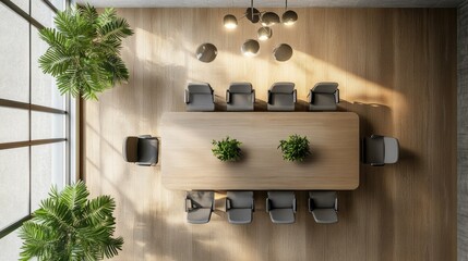 Poster - Top view of a modern meeting room with a large table and chairs, ample copy space for adding your content