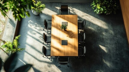 Poster - Top view of a modern meeting room with a large table and chairs, ample copy space for adding your content