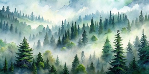 watercolor painting of a foggy forest hill with evergreen coniferous trees, frozen, misty, taiga, la