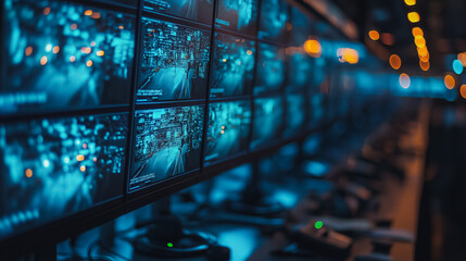 Poster - A row of computer monitors with a blue background. The monitors are all turned on and are displaying different images. Scene is one of technology and productivity