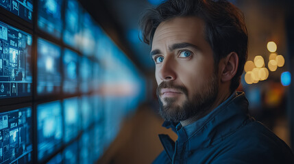 Wall Mural - A man with a beard and glasses is looking at a computer screen with many monitors. The screens are all displaying different images and the man is focused on one of them