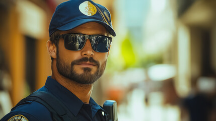Poster - A man in a blue shirt and hat is standing on a street. He is wearing sunglasses