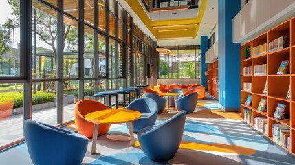Poster - The school building's library hosts reading corners and study areas, providing a quiet space for academic pursuits