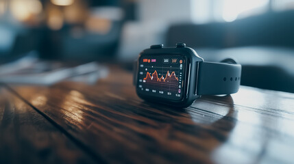 Poster - A watch with a screen showing a graph of numbers. The watch is on a wooden table. Scene is calm and focused