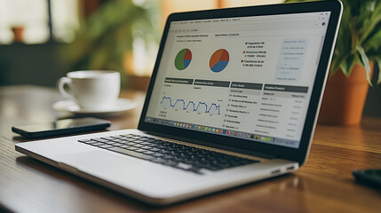 Wall Mural - A laptop is open to a screen with a pie chart and a bar graph. A cup of coffee is on the table next to the laptop