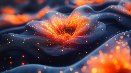 Poster - A flower with a hole in the middle of it. The flower is surrounded by orange sparks. The image has a dreamy, surreal quality to it