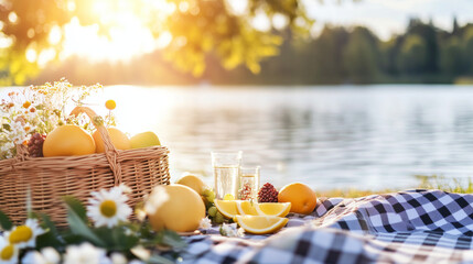 picnic in the park with lake, perfect as wallpaper