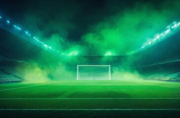 Wall Mural - Football stadium at night with green smoke filling field and seats with goal in center